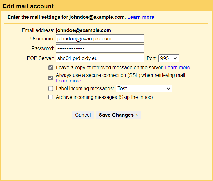 Example email configuration